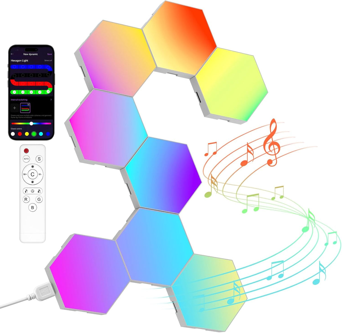 Hexagon RGB wall-light kit shown on a white background