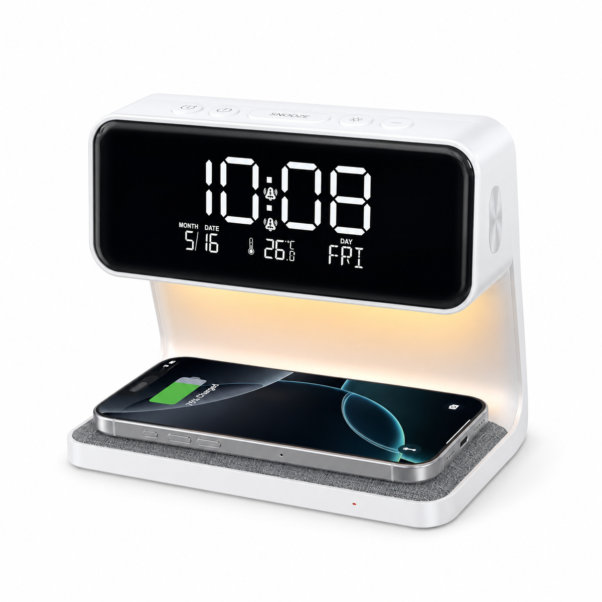 White alarm clock with an illuminated underside and a phone shown on the charging base