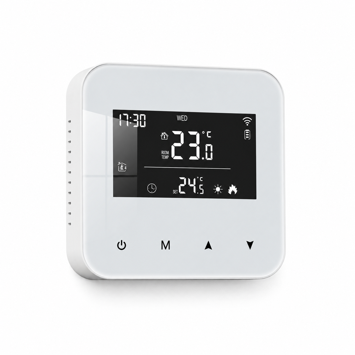 White BEOK CONTROLS thermostat with a digital temperature display