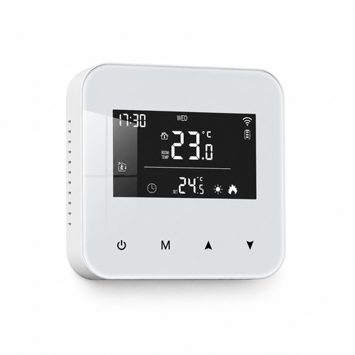 White BEOK CONTROLS thermostat with a digital temperature display
