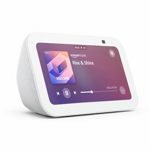 White Amazon Echo Show 5 smart display shown at an angle