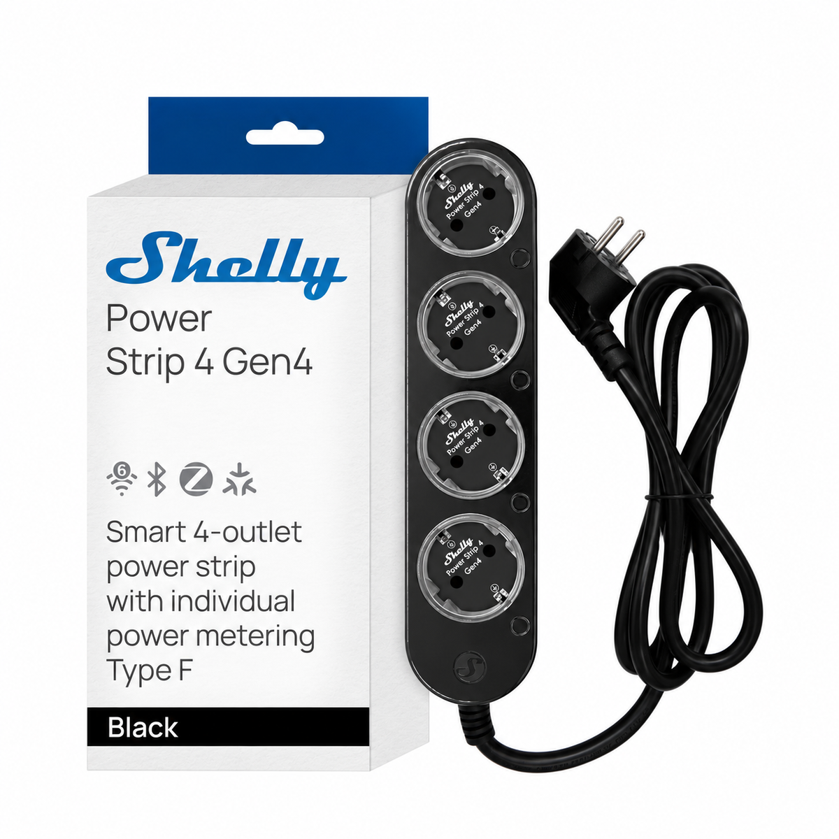 Black Shelly Power Strip 4 Gen4 with four sockets and a power cable