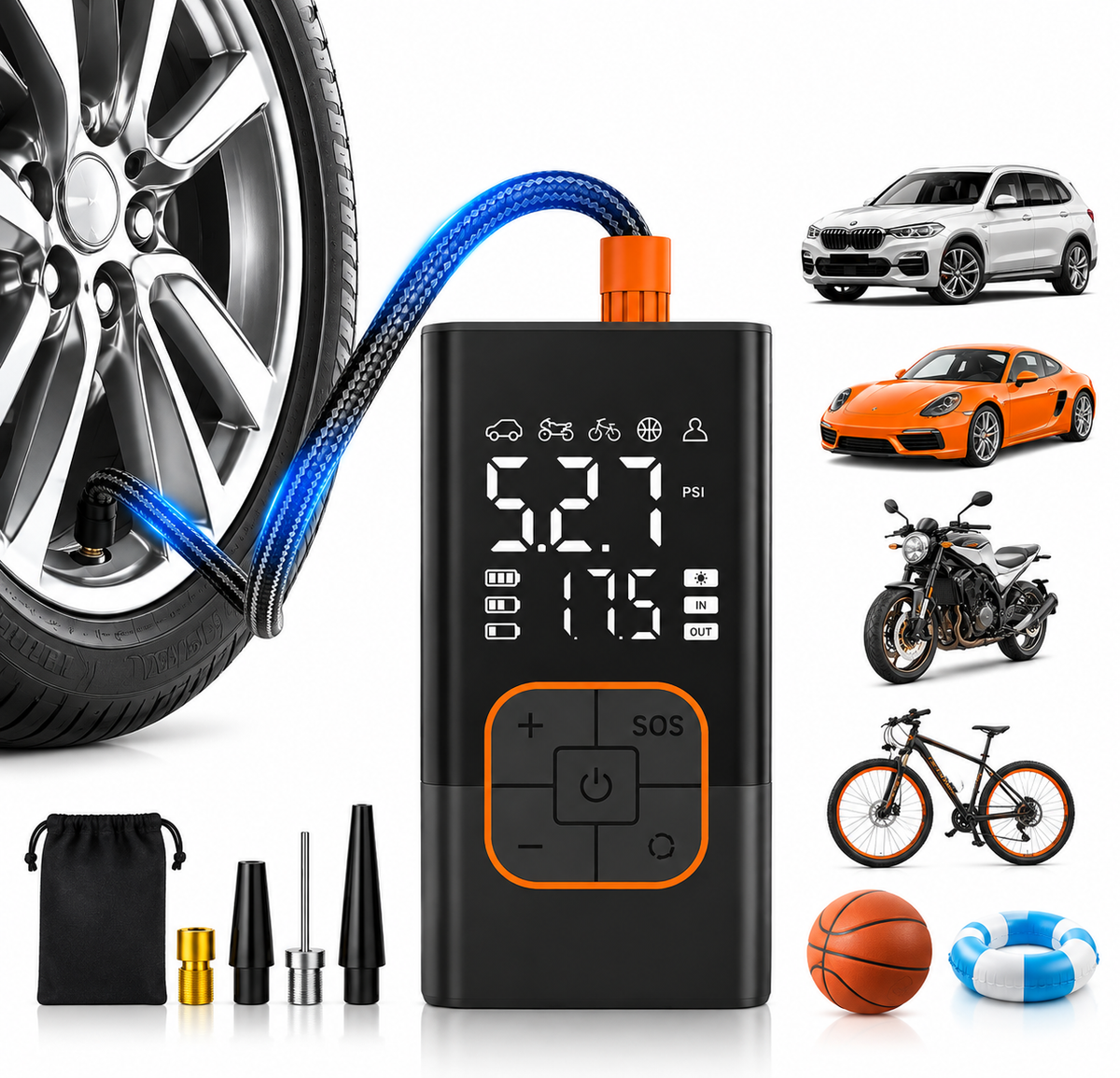 Black portable digital tyre inflator with a hose and accessories shown