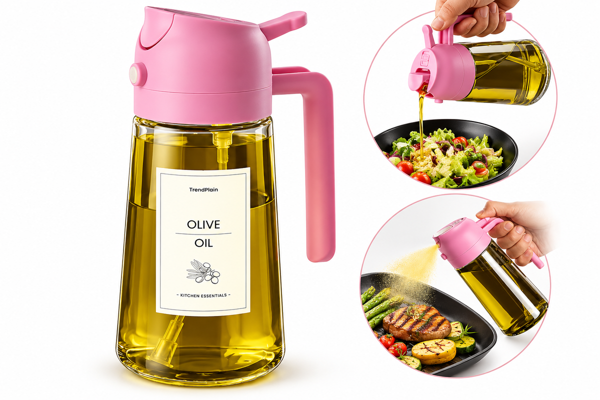 Pink oil dispenser and spray bottle with illustrations of pouring and spraying
