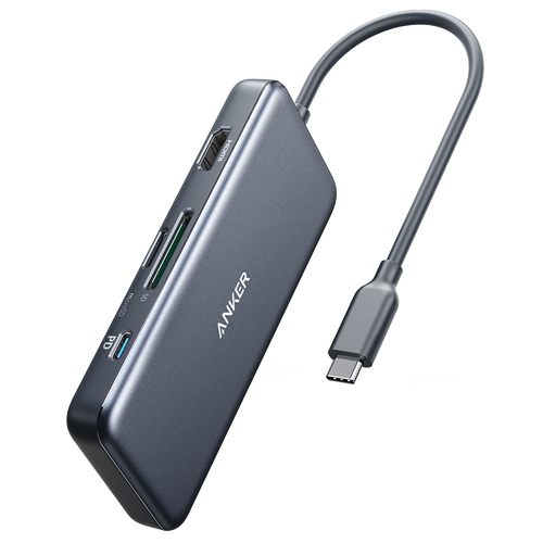Anker 341 7-in-1 USB-C hub in grey with attached USB-C cable