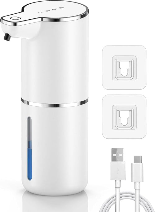White automatic soap dispenser with mounting pads and USB charging cable