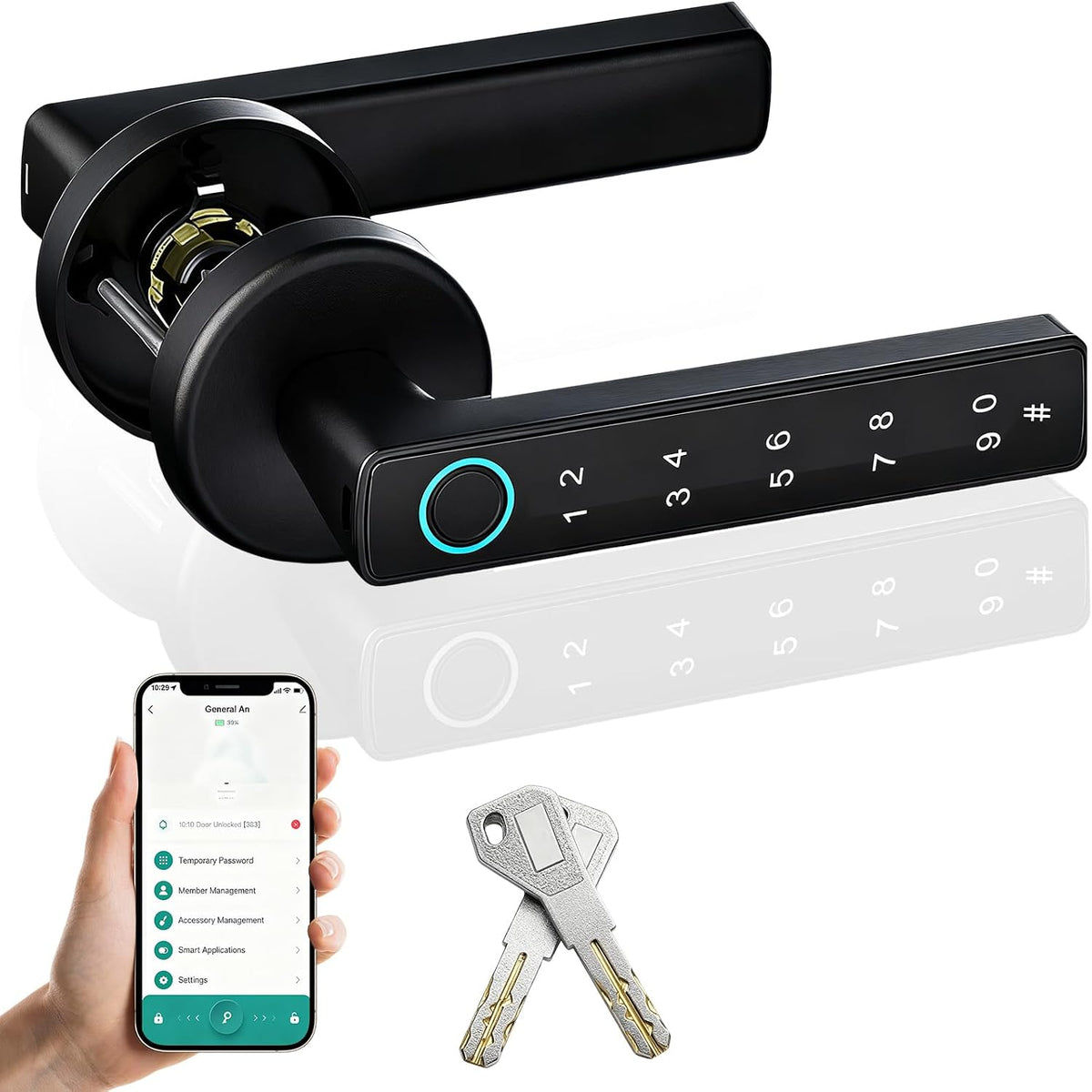Black JAOGAUS smart door handle lock with numeric keypad, app illustration and two keys
