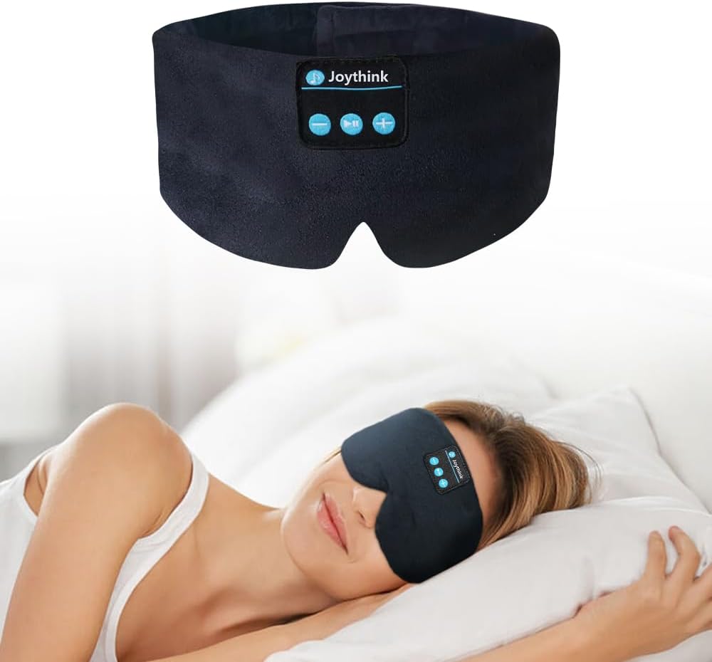 Black Joythink Bluetooth sleep mask with audio controls, shown alone and worn while resting