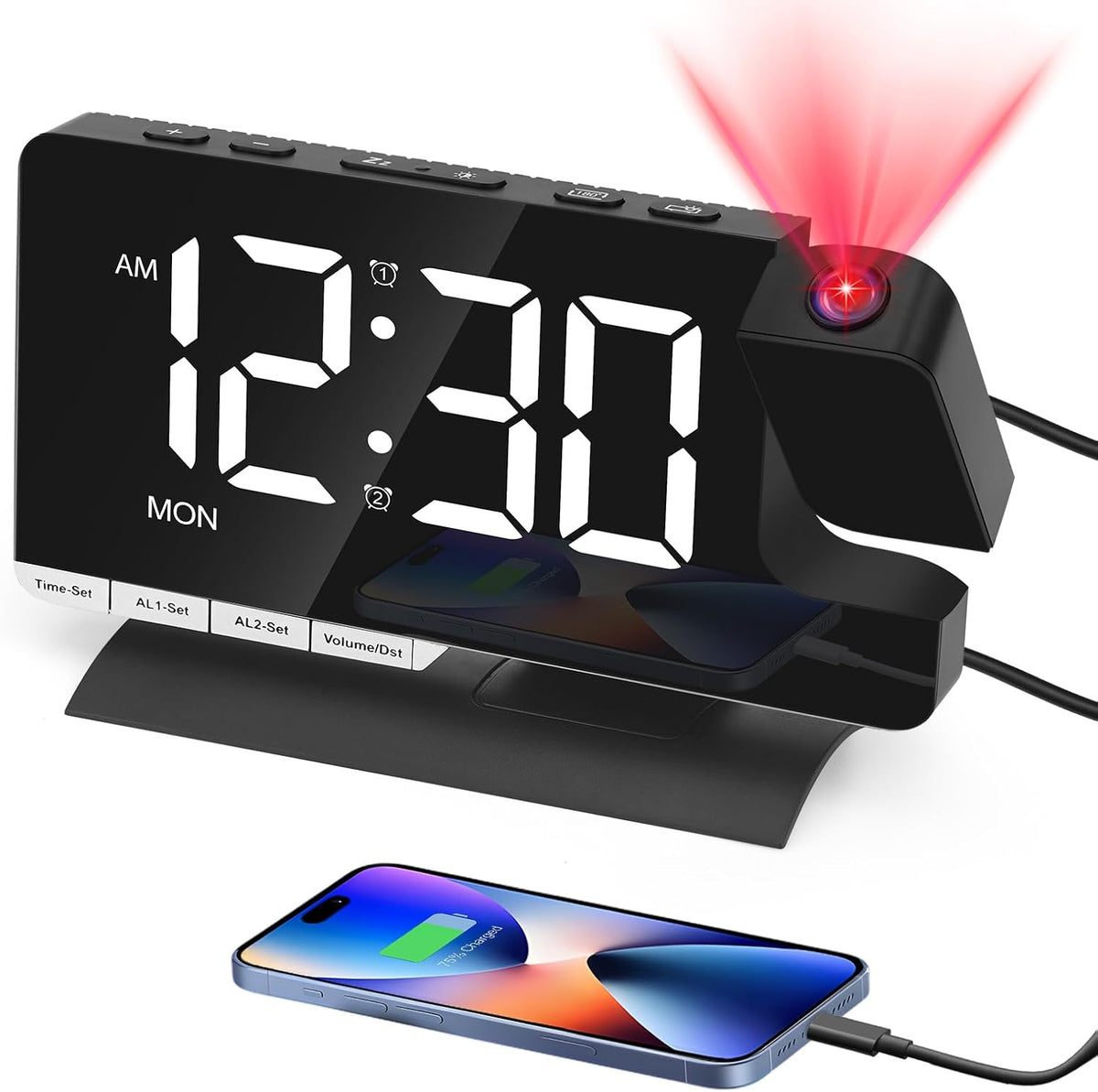 Black Venchin projection alarm clock with USB charging; phone shown for illustration